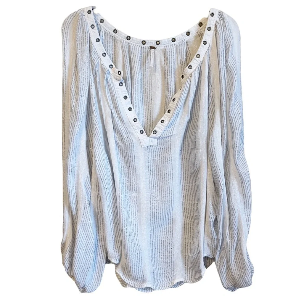 Free People Against all Odds Deep V Neck Blouse Ivory Combo Boho‎ Style Medium